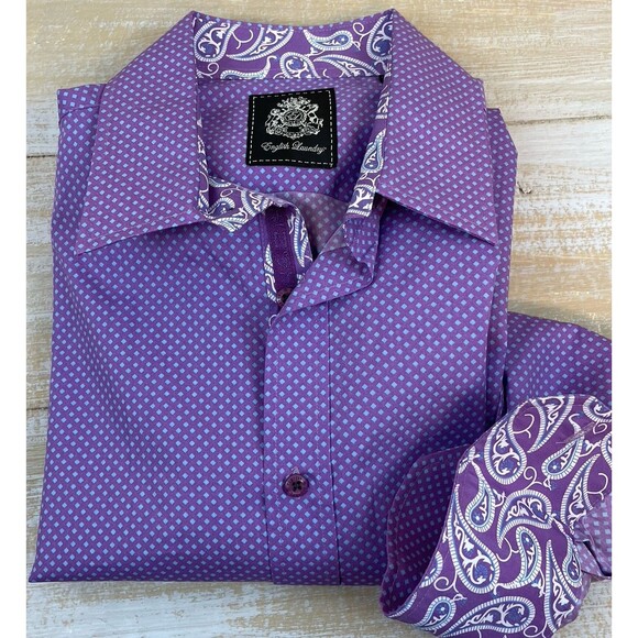 English Laundry Shirt Mens M Purple & Blue Dot Paisley Print Flip Cuff Cotton - Picture 1 of 15